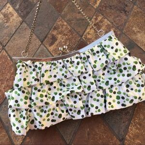 Green Polkadot Kiss Clasp Ruffled Clutch NWOT
